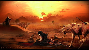 Karbala Battle Scene with Imam Hosein and Wounded Horse in Desert Sunset HD wallpaper