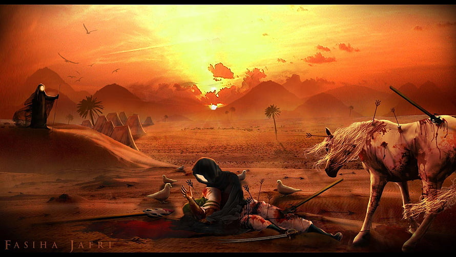 Karbala Battle Scene with Imam Hosein and Wounded Horse in Desert Sunset HD wallpaper