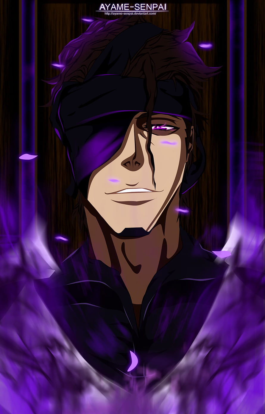 Aizen Sousuke Anime Character Portrait with Purple Energy and Blindfold HD phone wallpaper