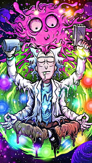 Rick Sanchez Meditating with Cosmic Brain Explosion and Neon Slime HD phone wallpaper