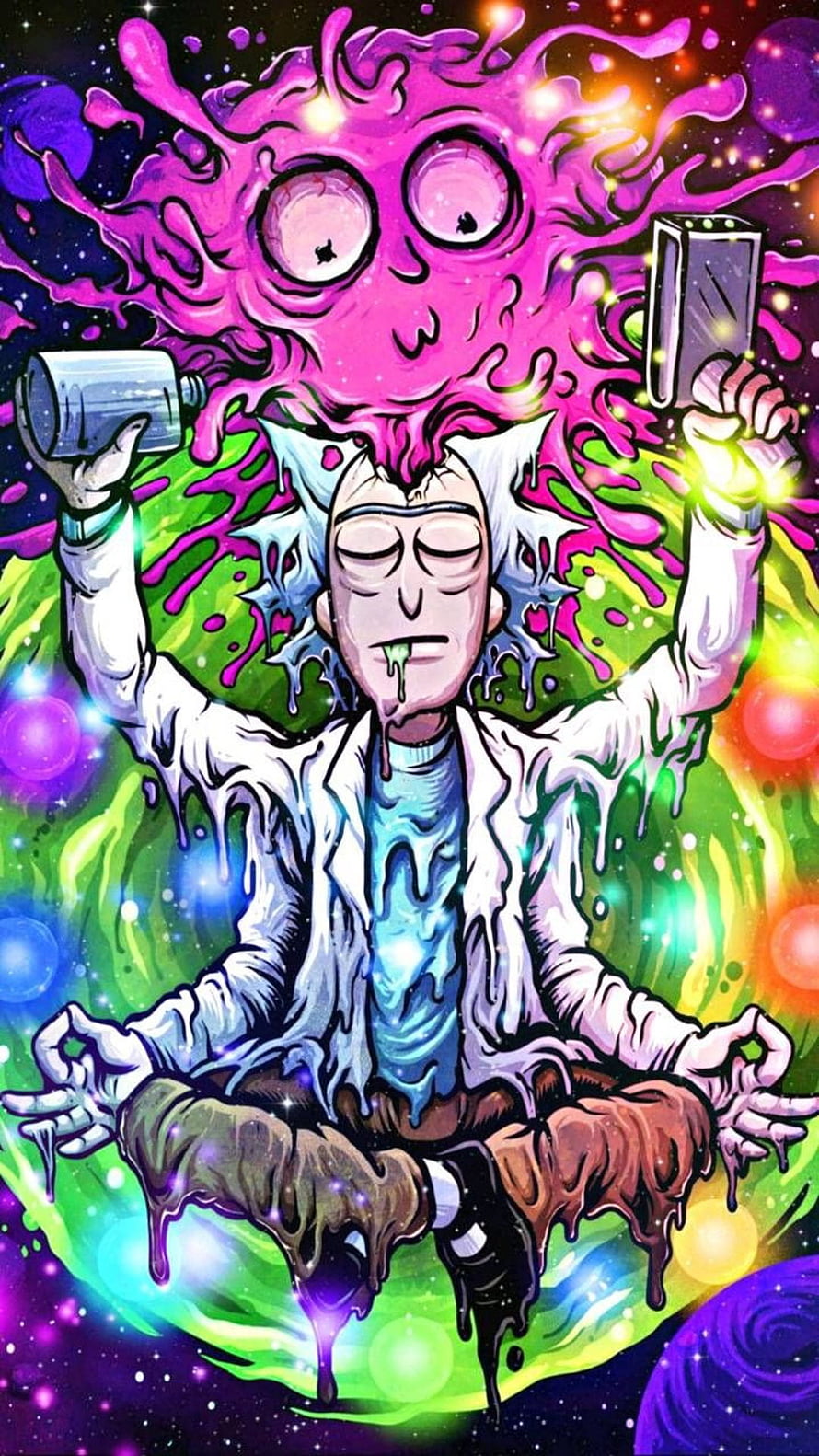 Rick Sanchez Meditating with Cosmic Brain Explosion and Neon Slime HD phone wallpaper