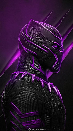 Black Panther in Black and Purple Suit with Claw Marks on Dark Background HD phone wallpaper
