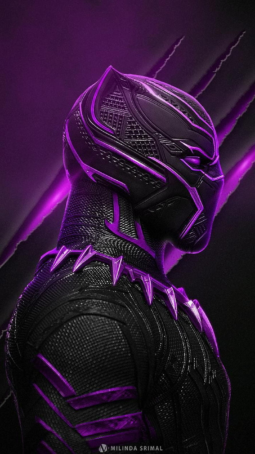 Black Panther in Black and Purple Suit with Claw Marks on Dark Background HD phone wallpaper