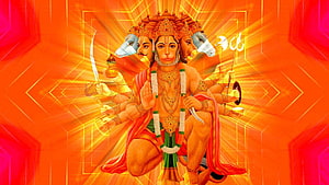 Multi-Headed Hanuman Deity Illustration with Radiant Orange Background and Sacred Symbols, hanuman pc, #Hanuman HD wallpaper