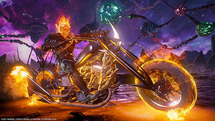 Ghost Rider Spirit of Vengeance Riding Hell's Chariot Motorcycle in Cosmic Landscape HD wallpaper