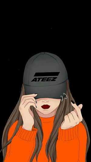 ATEEZ Fan Art Girl Wearing Orange Sweater and Black Cap HD phone wallpaper