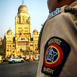 Maharashtra Police Officer Uniform Patch With Mumbai City Hall Background HD phone wallpaper