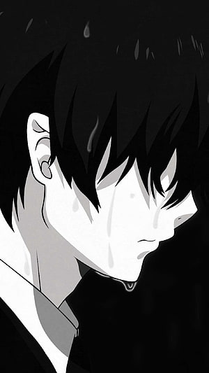 Sad Anime Boy Crying in Black and White Profile View HD phone wallpaper