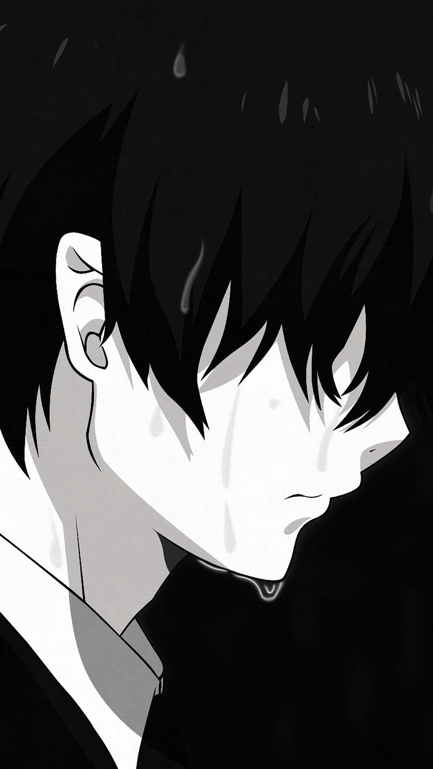 Sad Anime Boy Crying in Black and White Profile View HD phone wallpaper