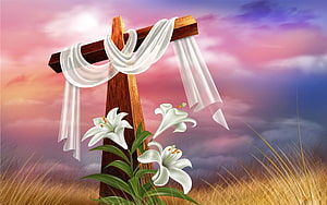 Christian Easter Cross With White Lilies And Flowing Cloth Against Sunset Sky HD wallpaper