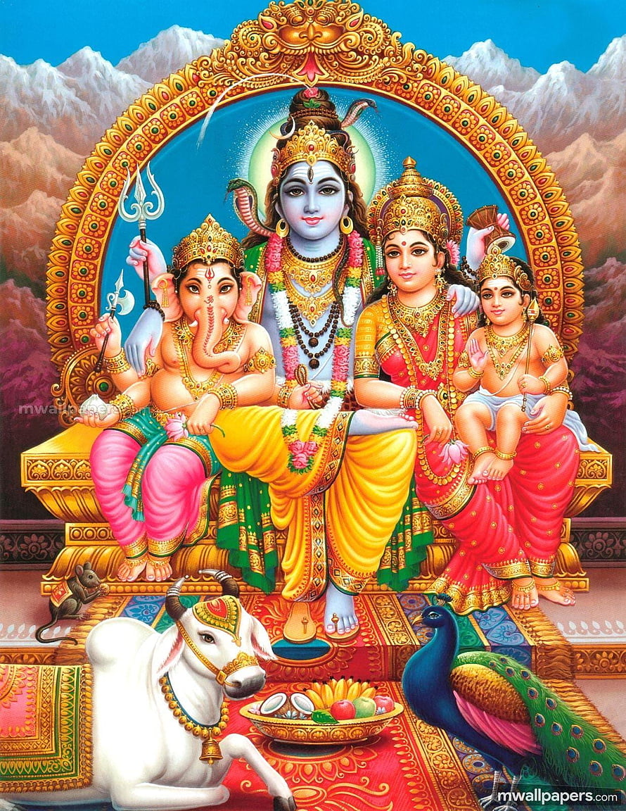 Lord Shiva Family Portrait With Ganesha, Parvati, and Nandi in Traditional Indian Art HD phone wallpaper