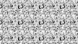 Repeating Grid of Black and White Anime Girl Faces in Expressive Manga Style HD wallpaper