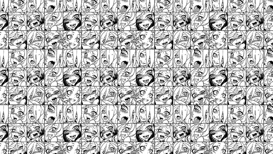Repeating Grid of Black and White Anime Girl Faces in Expressive Manga Style HD wallpaper
