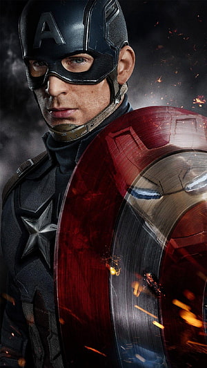 Captain America Civil War Chris Evans in Combat Gear with Shield and Sparks HD phone wallpaper