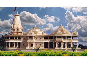 Ram Mandir Ayodhya Temple Architecture with Spire and Pillared Halls Under Blue Sky HD wallpaper