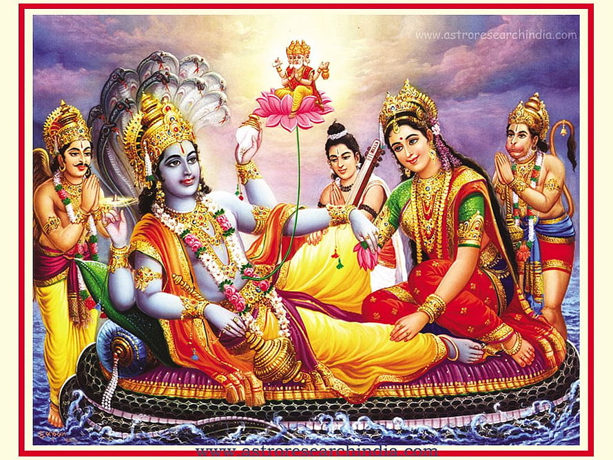 Lord Vishnu resting on Shesha Naga with Lakshmi, Garuda, Hanuman, and Ganesha in divine Hindu mythology art, Lord Vishnu Family, vishnu laxmi HD wallpaper