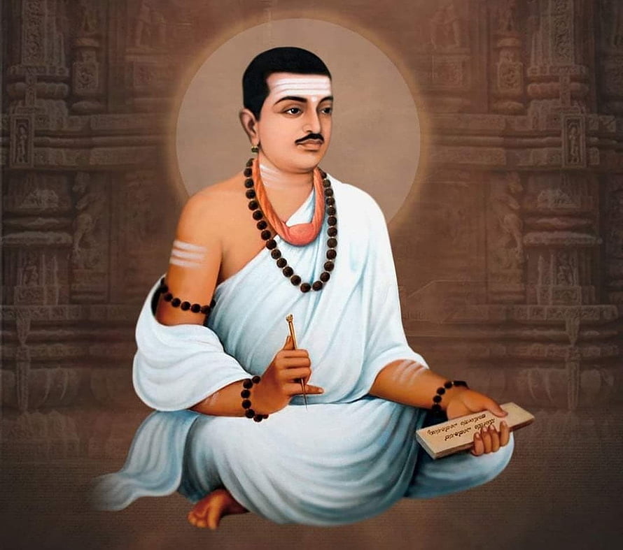 Portrait of Adi Shankaracharya Sitting with Vedas and Rudraksha Beads HD wallpaper