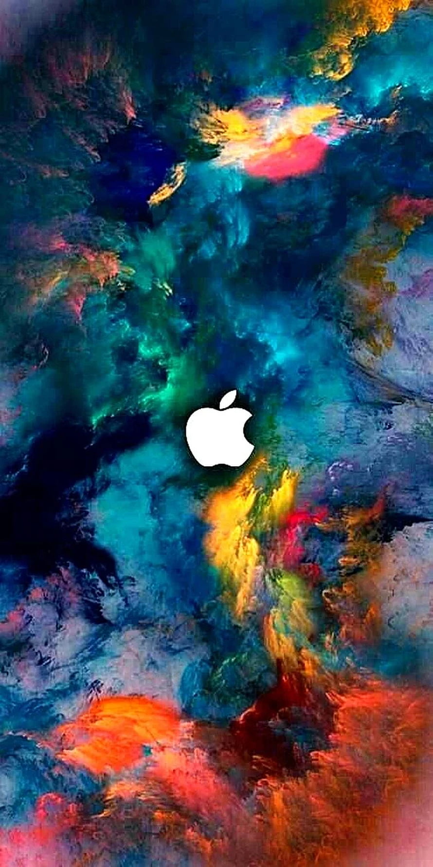 Apple Logo on Vibrant Abstract Oil Painting Background with Blue, Orange, and Teal Swirls HD phone wallpaper
