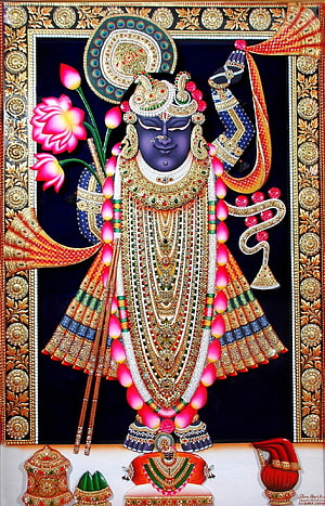 Ornate Shreenathji Krishna Portrait with Lotus and Peacock Halo HD phone wallpaper