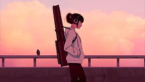 Anime Girl With Guitar Case And Headphones On Bridge At Sunset HD wallpaper