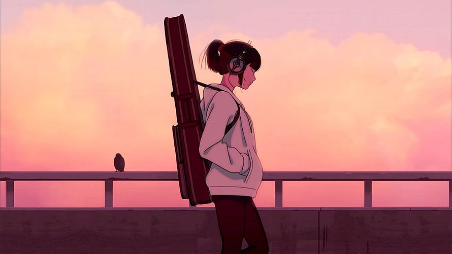 Anime Girl With Guitar Case And Headphones On Bridge At Sunset HD wallpaper
