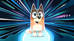 Bluey cartoon character standing in a glowing blue tunnel with speed lines HD wallpaper