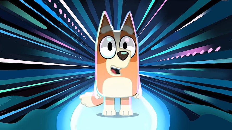 Bluey cartoon character standing in a glowing blue tunnel with speed lines HD wallpaper
