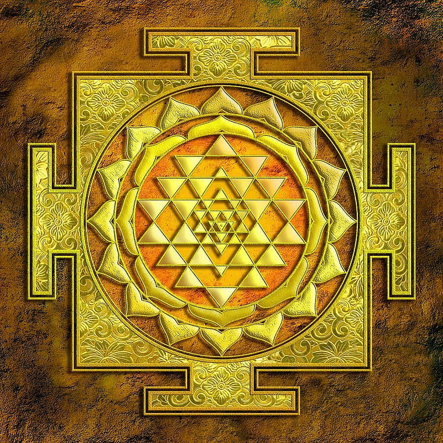 Golden Sri Yantra Sacred Geometry Mandala on Textured Stone Background HD phone wallpaper