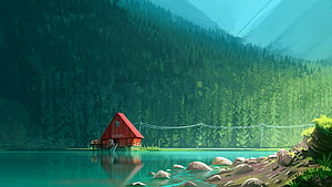Serene Red Cabin by a Lake in a Pine Forest Digital Art HD wallpaper
