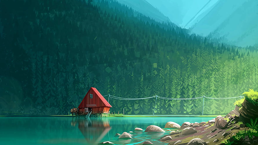 Serene Red Cabin by a Lake in a Pine Forest Digital Art HD wallpaper
