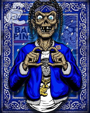 Stylized Zombie Character in Blue Jacket Making Heart Gesture with Bad Pins Logo HD phone wallpaper