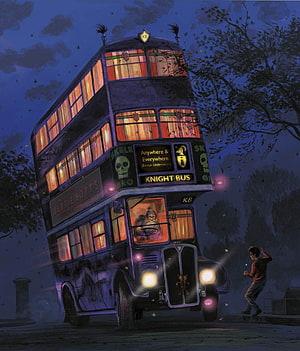 Knight Bus at Night with Bertie Bott's Signage in Harry Potter Illustration HD phone wallpaper
