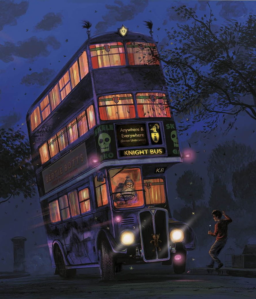 Knight Bus at Night with Bertie Bott's Signage in Harry Potter Illustration HD phone wallpaper