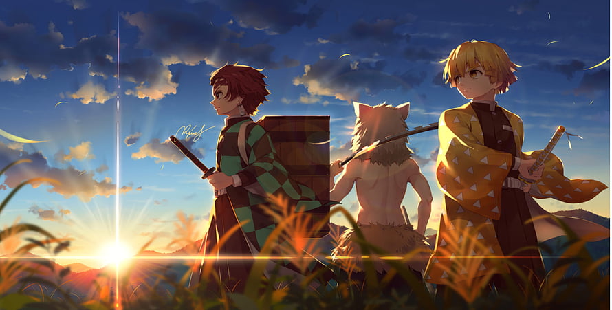 Demon Slayer Anime Characters Standing in a Golden Sunset Field HD wallpaper