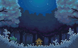 Cozy Pixel Art Forest Night Scene with Tiny Cabin and Starry Sky HD wallpaper