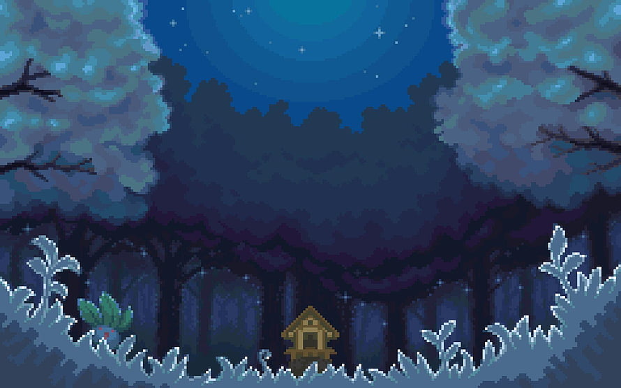 Cozy Pixel Art Forest Night Scene with Tiny Cabin and Starry Sky HD wallpaper