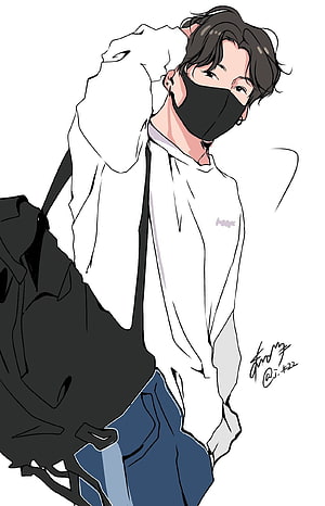 Anime Style Illustration of a Young Man Wearing a Black Face Mask and White Hoodie, Bts Cartoon Drawing Jungkook, bts v chibi HD phone wallpaper