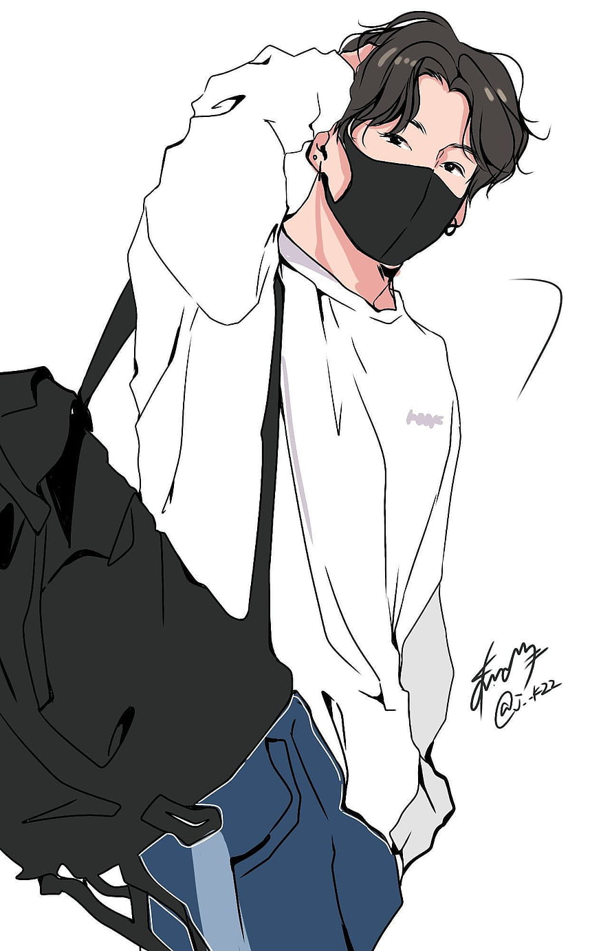 Anime Style Illustration of a Young Man Wearing a Black Face Mask and White Hoodie, Bts Cartoon Drawing Jungkook, bts v chibi HD phone wallpaper