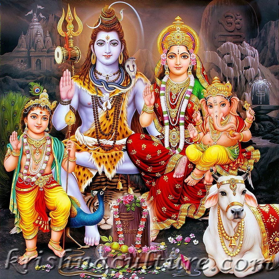 Lord Shiva Family Portrait with Parvati Ganesha and Kartikeya in Traditional Indian Art HD phone wallpaper
