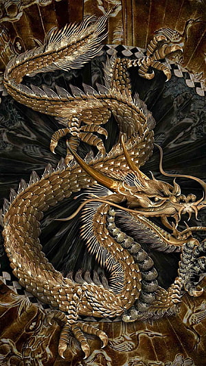 Intricate Gold and Black Asian Dragon Carving with Detailed Scales and Whiskers HD phone wallpaper