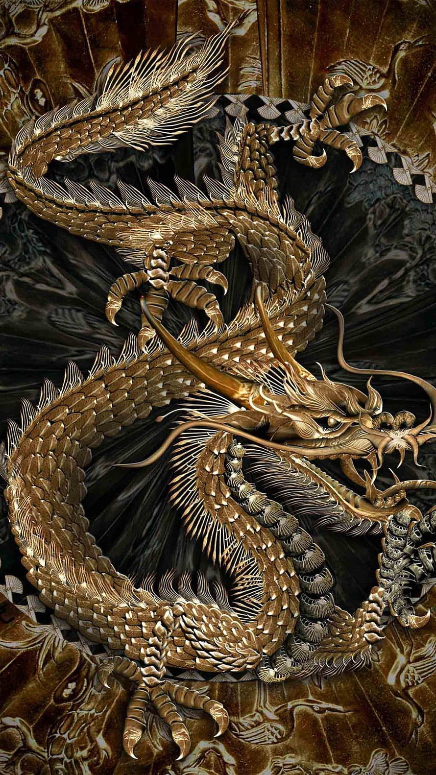 Intricate Gold and Black Asian Dragon Carving with Detailed Scales and Whiskers HD phone wallpaper