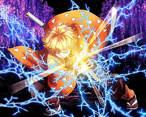 Zenitsu Agatsuma Thunder Breathing Anime Character with Lightning Effects HD wallpaper