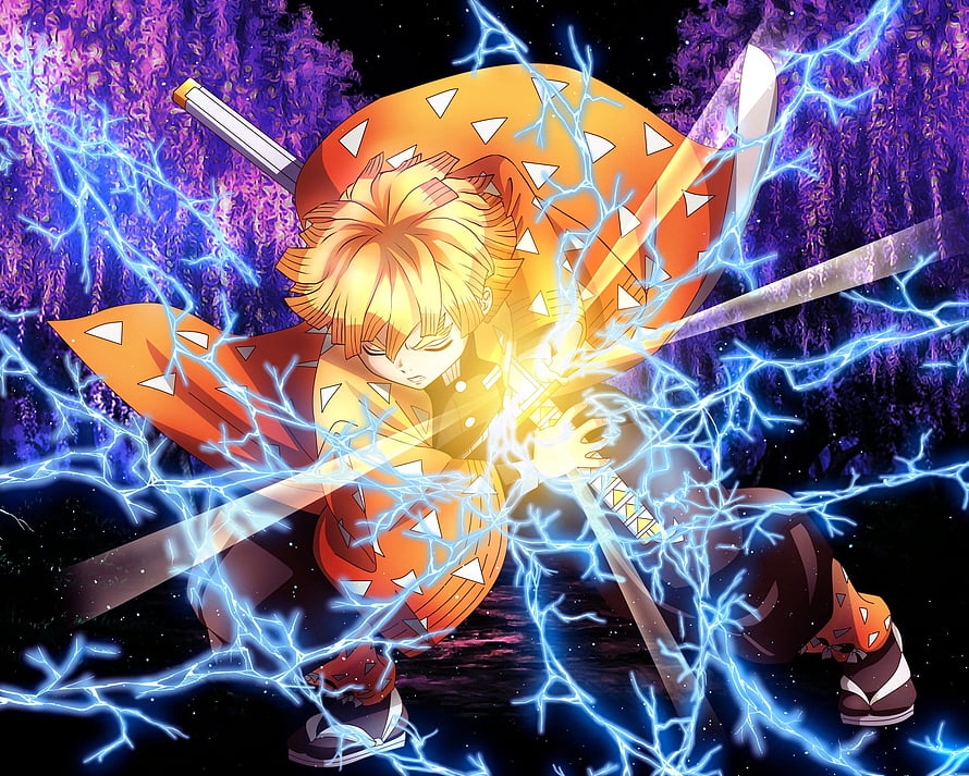 Zenitsu Agatsuma Thunder Breathing Anime Character with Lightning Effects HD wallpaper