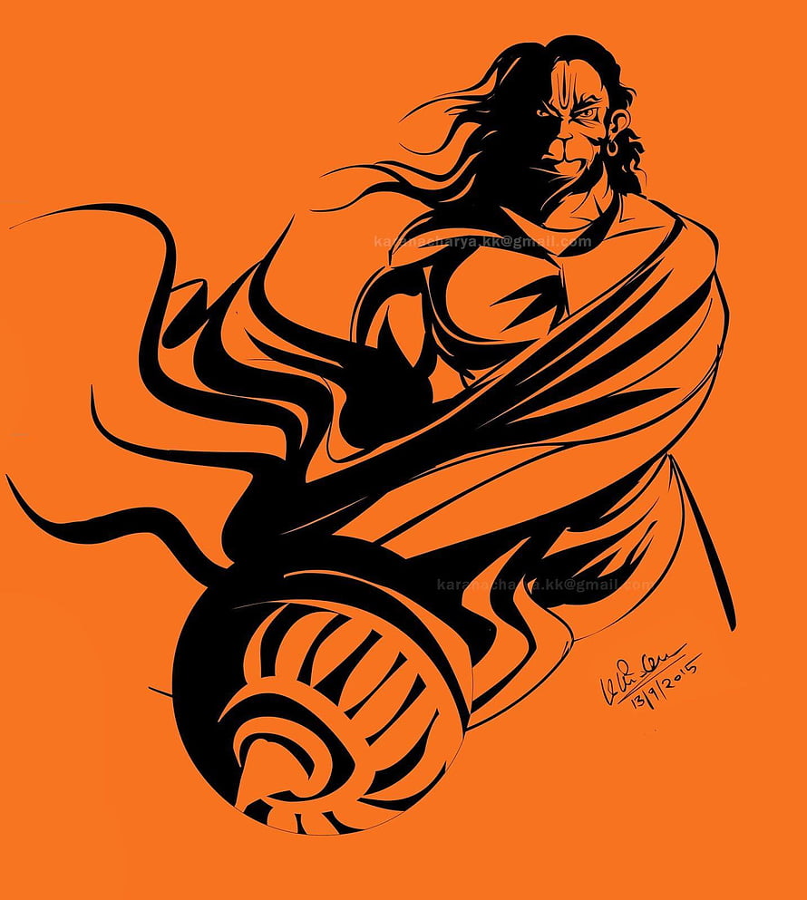 Hanuman in Fierce Silhouette with Mace on Vibrant Orange Background, angry Hanuman HD phone wallpaper