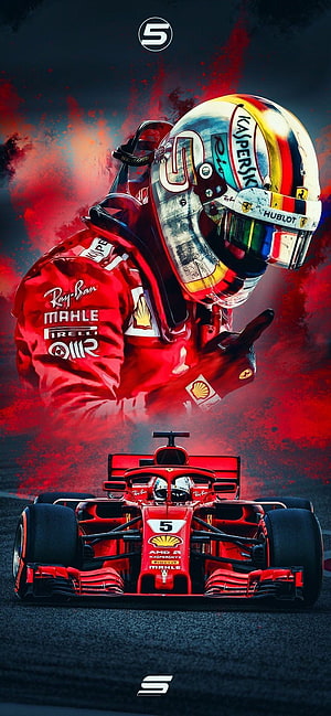 Sebastian Vettel Ferrari F1 Racing Driver and Red Formula One Car Art HD phone wallpaper