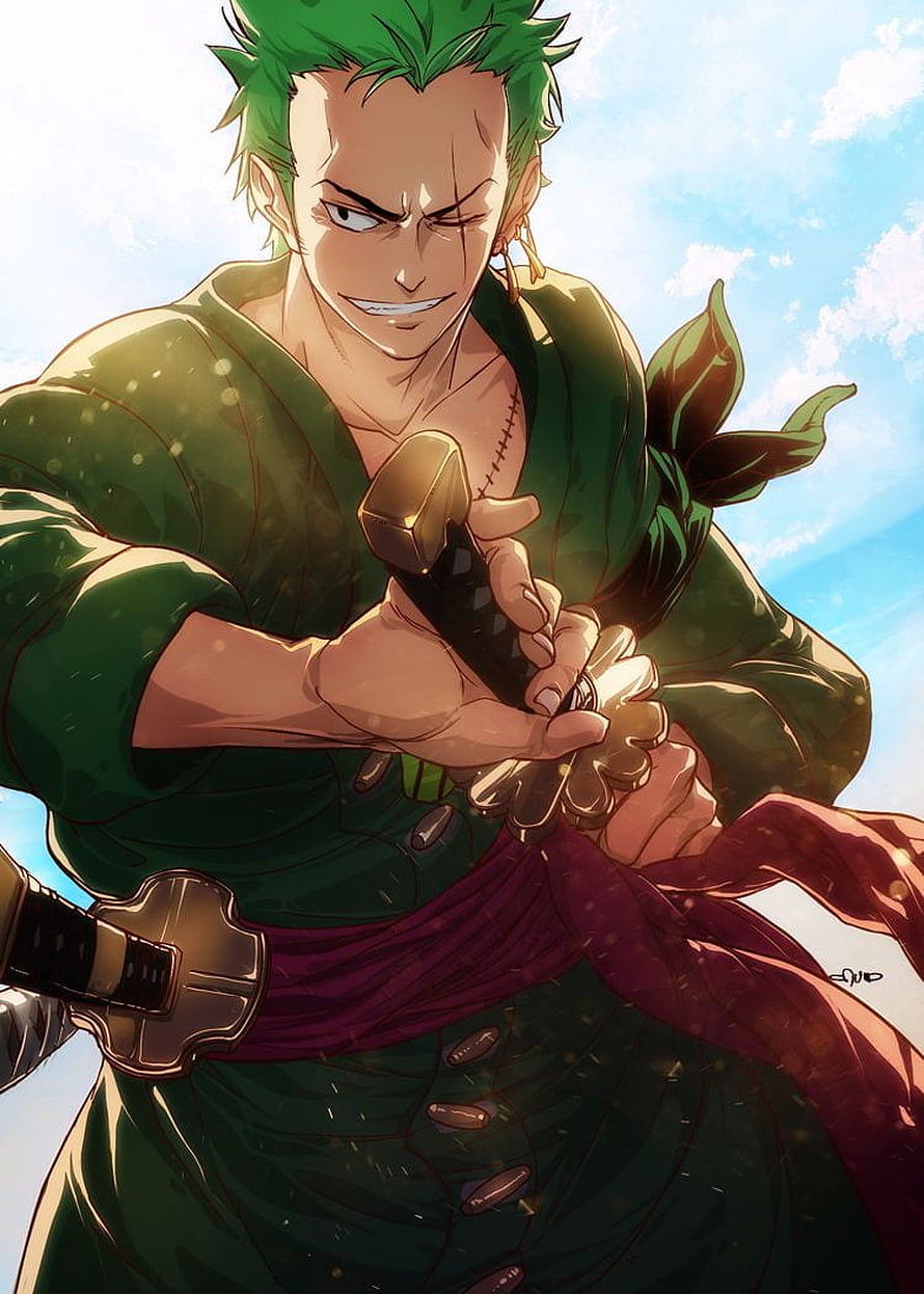 Roronoa Zoro from One Piece in a green outfit gripping a sword hilt under a bright blue sky HD phone wallpaper