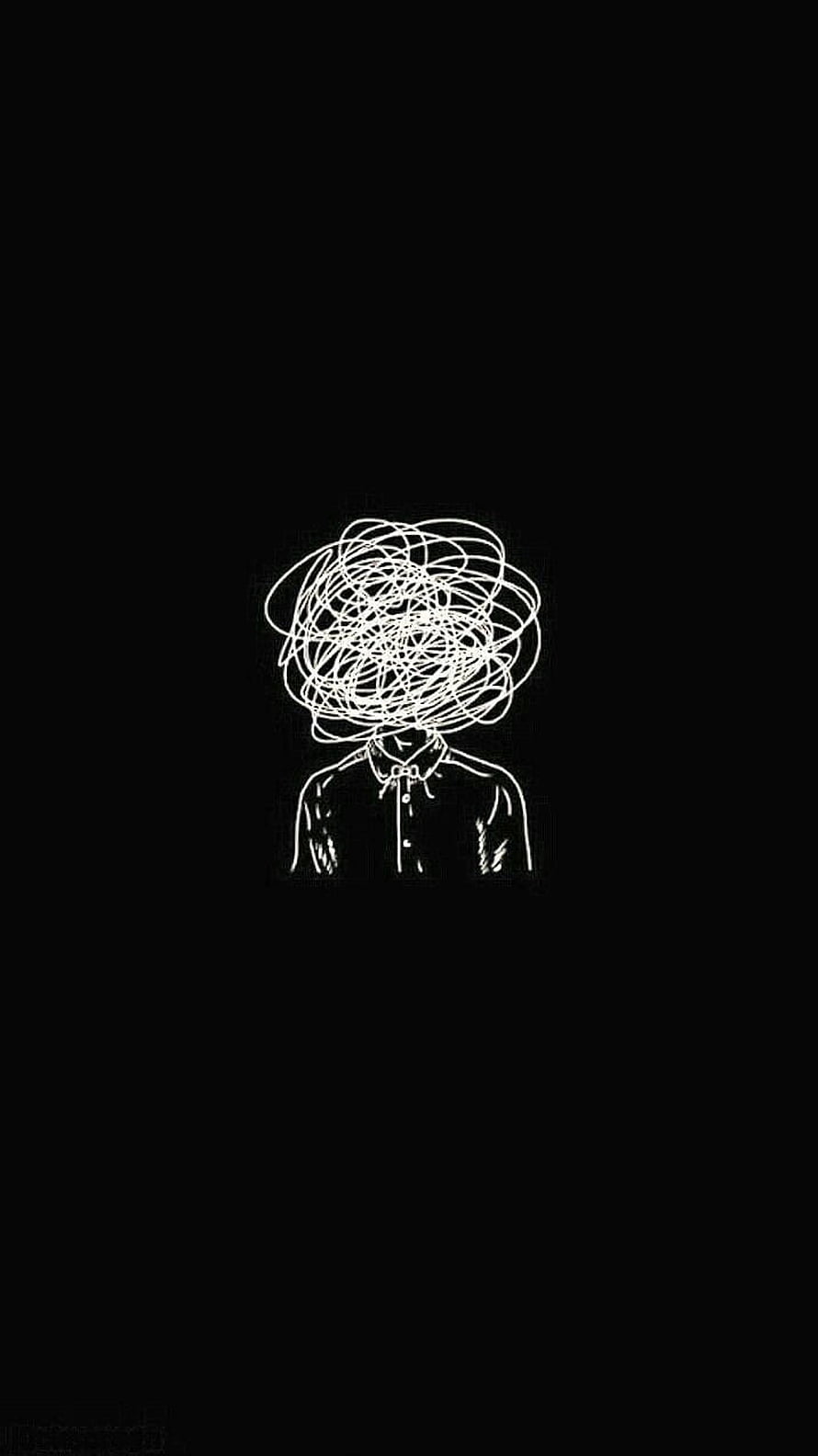 Minimalist Line Art of a Person with a Tangled Messy Head on Black Background HD phone wallpaper