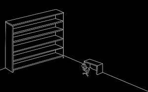 Minimalist Wireframe Office Room with Bookshelf and Desk on Black Background HD wallpaper