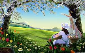 Two Girls Enjoying Spring Nature With Easter Eggs Under Blossoming Tree HD wallpaper