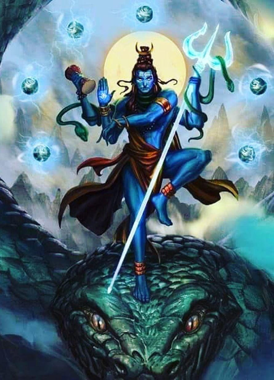 Majestic Shiva Mahakal Standing on Cosmic Serpent with Trishul and Blue Aura HD phone wallpaper